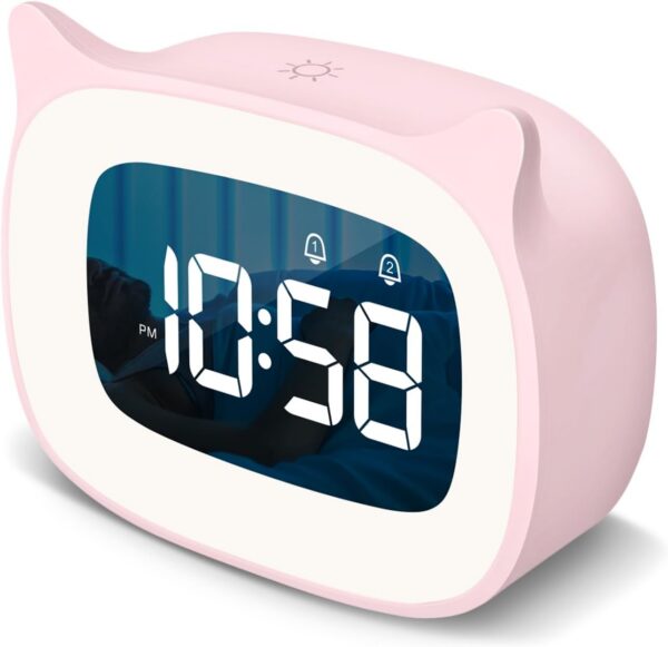 pink cat ear digital alarm clock with night light rechargeable kids