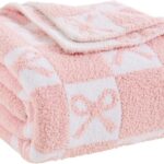 pink checkered bow pattern knit throw blanket soft microfiber reversible fuzzy blanket