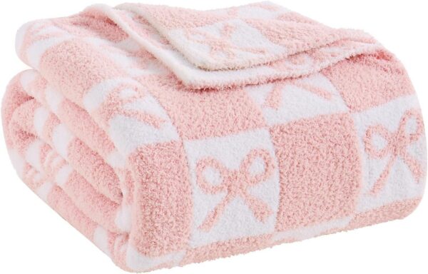 pink checkered bow pattern knit throw blanket soft microfiber reversible fuzzy blanket