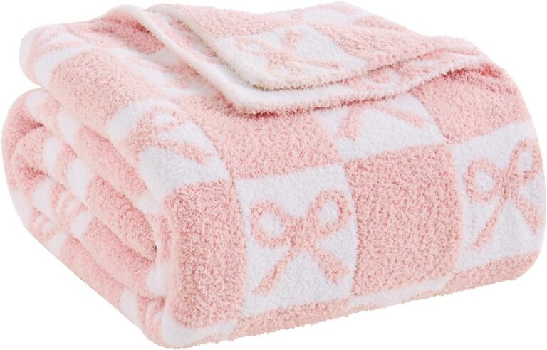 pink checkered bow pattern knit throw blanket soft microfiber reversible fuzzy blanket
