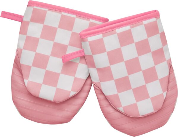 pink checkered mini oven mitts retro silicone heat resistant non slip kitchen gloves set