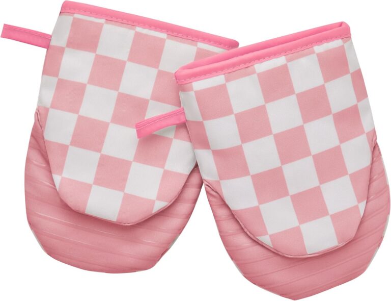 pink checkered mini oven mitts retro silicone heat resistant non slip kitchen gloves set