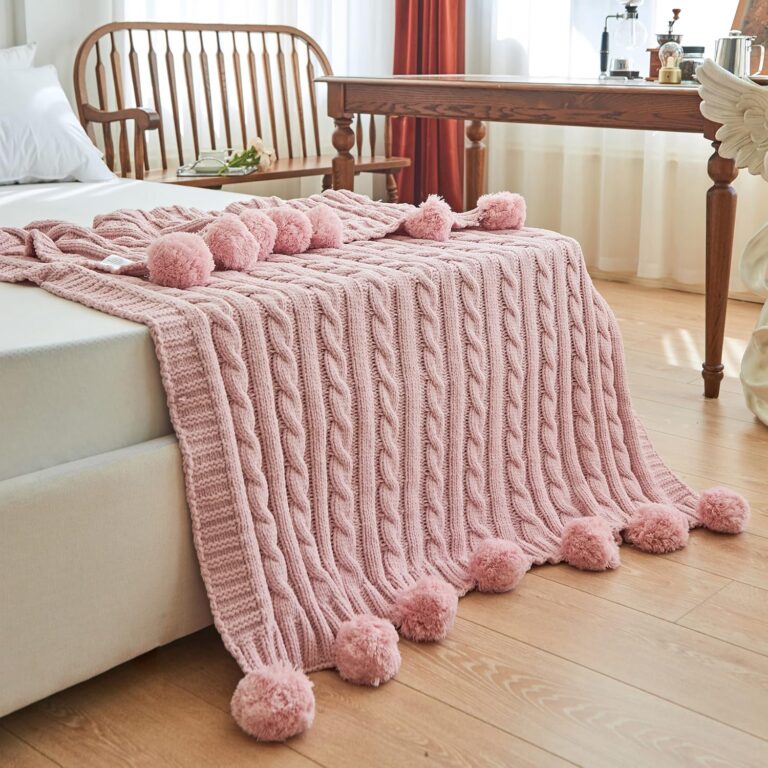 pink chenille chunky knit throw blanket with pom poms tassels for sofa bed couch decor