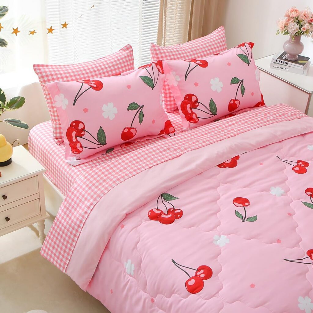 pink cherry comforter set full kawaii bedding set with sheets and pillowcases