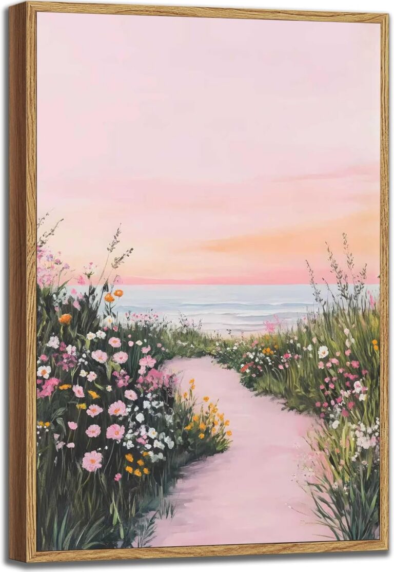 pink coastal seascape wall art framed wildflower beach canvas print