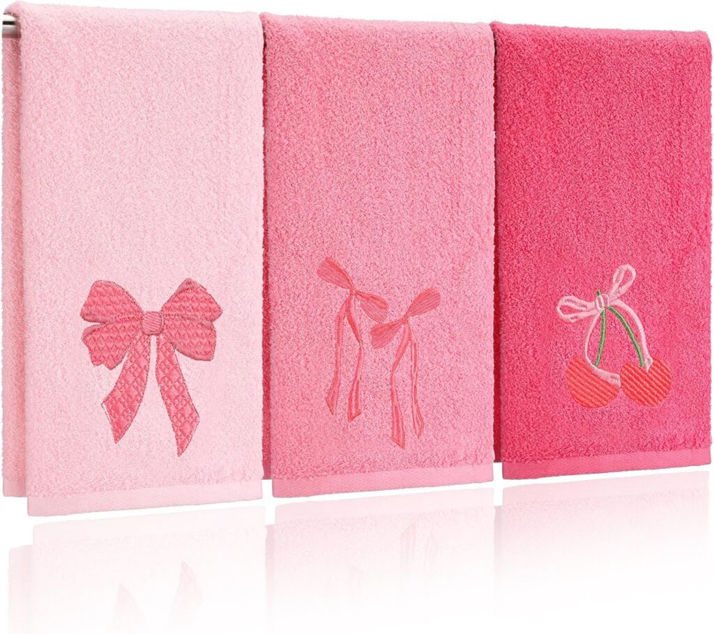 pink coquette bow embroidered cotton hand towels set of 3 decorative bathroom towels