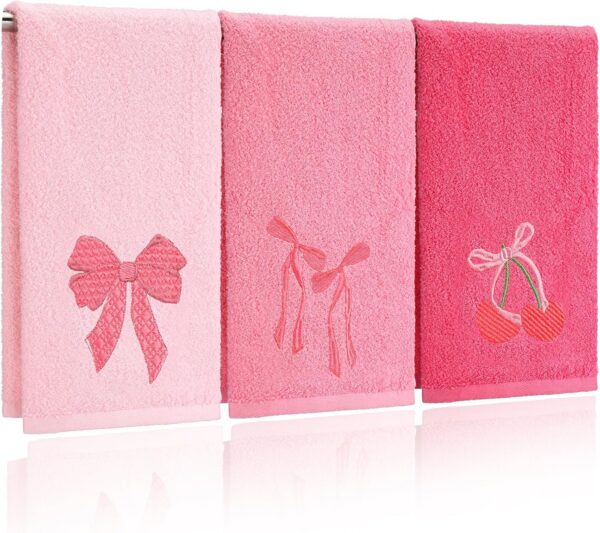 pink coquette bow embroidered cotton hand towels set of 3 decorative bathroom towels