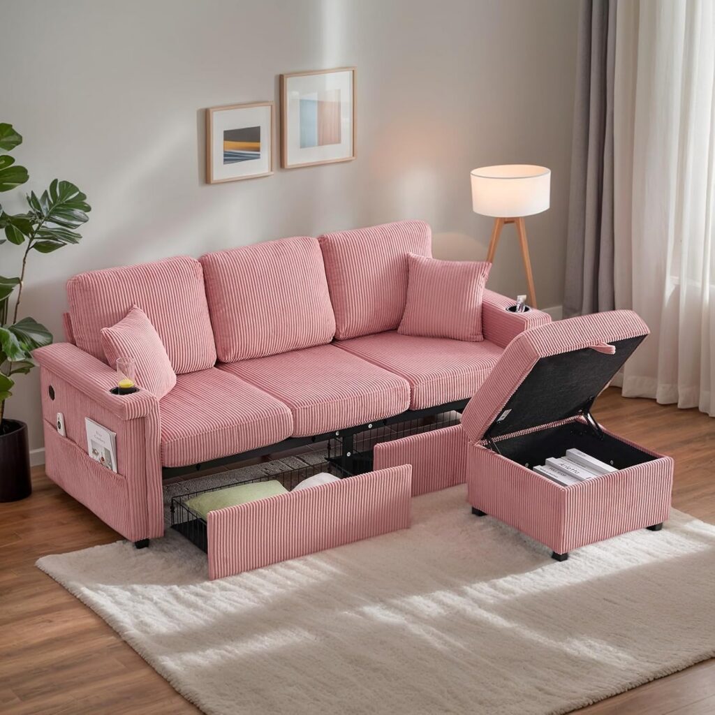 pink corduroy sectional sofa l shaped storage ottoman usb led couch