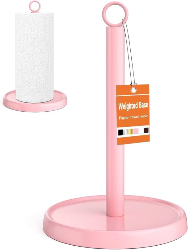 pink stainless steel countertop paper towel holder with weighted base for kitchen and bathroom