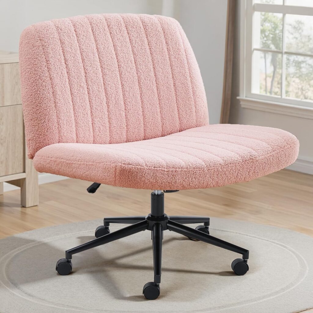 pink criss cross chair with wheels wide seat teddy fabric