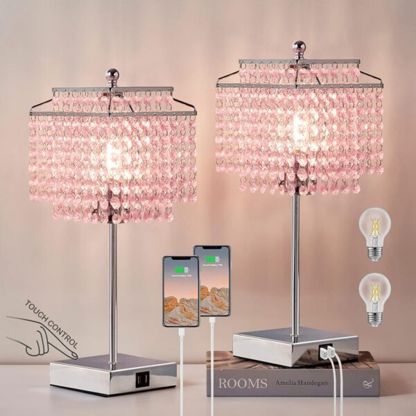 pink crystal table lamp set touch control dimmable bedside lamp with usb