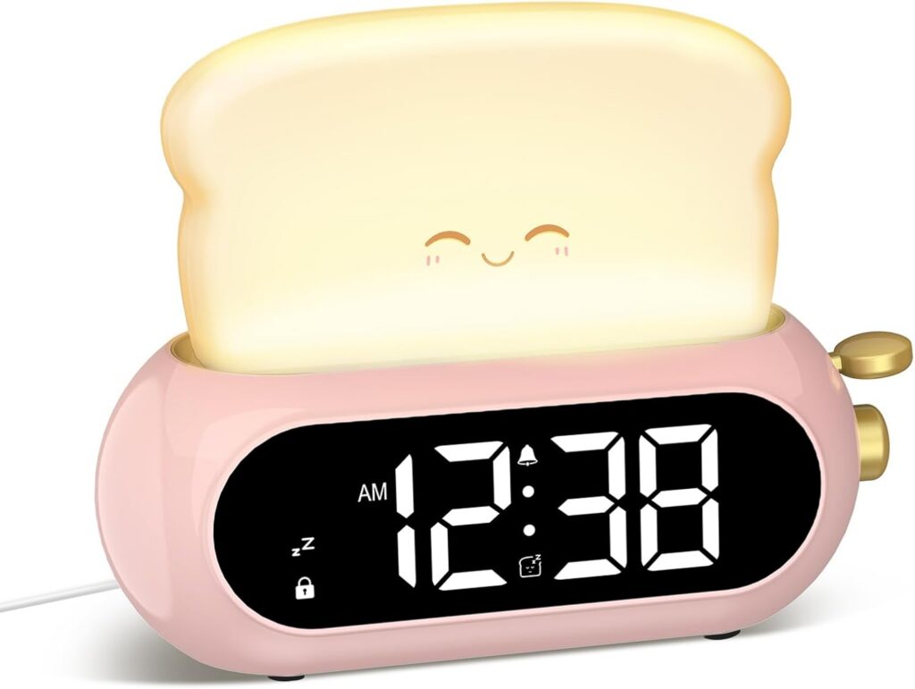 pink cute digital alarm clock kids night light adjustable brightness snooze