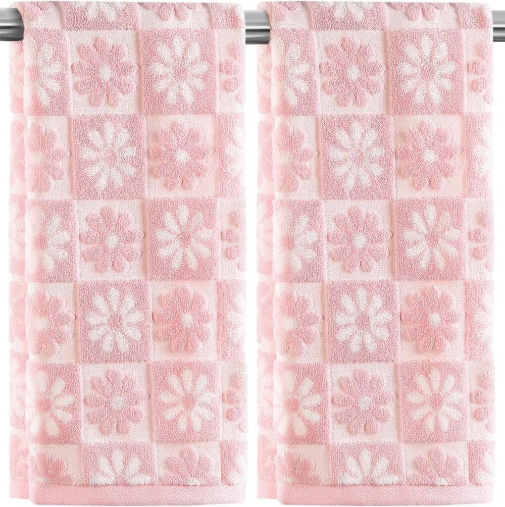 pink daisy hand towels cotton checkered floral bathroom kitchen towel set