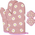 pink daisy oven mitts and pot holders cotton heat resistant kitchen gloves set