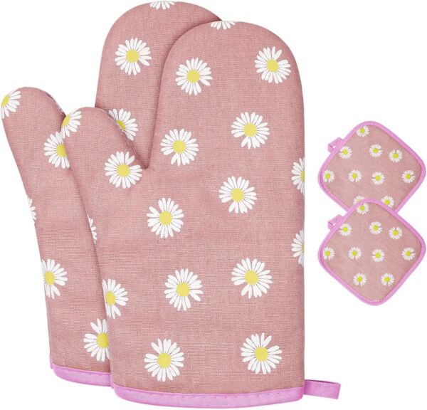 pink daisy oven mitts and pot holders cotton heat resistant kitchen gloves set
