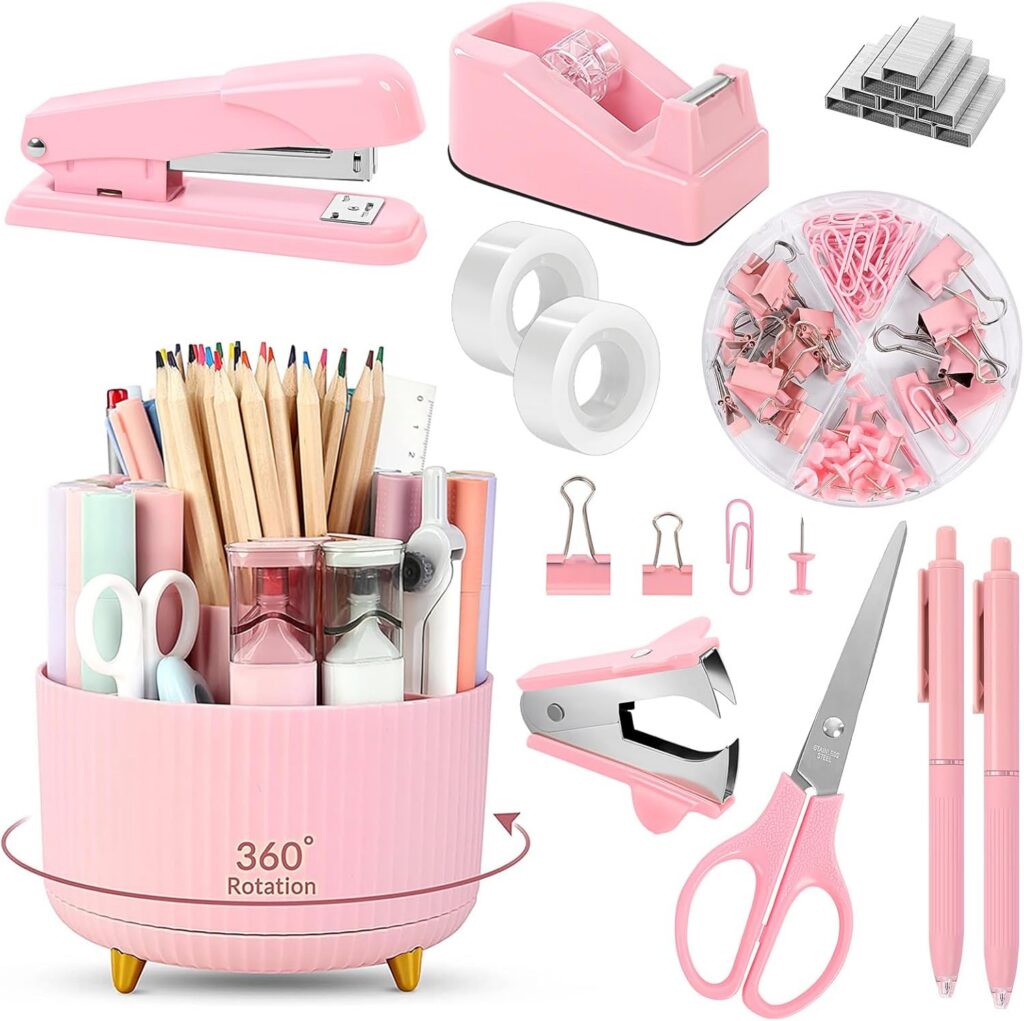 pink desk accessories set office school supplies rotating pen holder stapler organizer kit