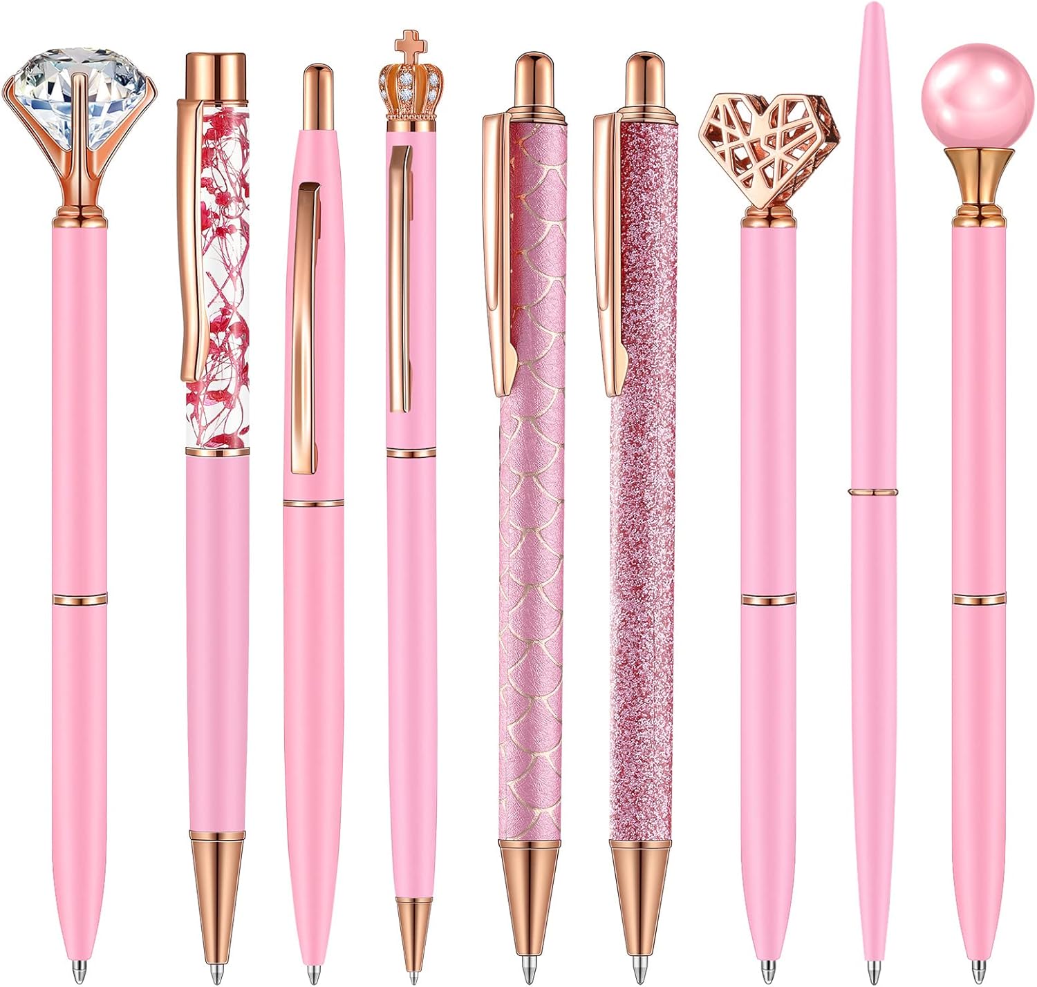 pink-diamond-glitter-pens-set-9pcs-metal pink diamond glitter pens set metal ballpoint pens black ink retractable journaling pens