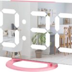 pink digital alarm clock LED mirror display USB charging nightstand clock