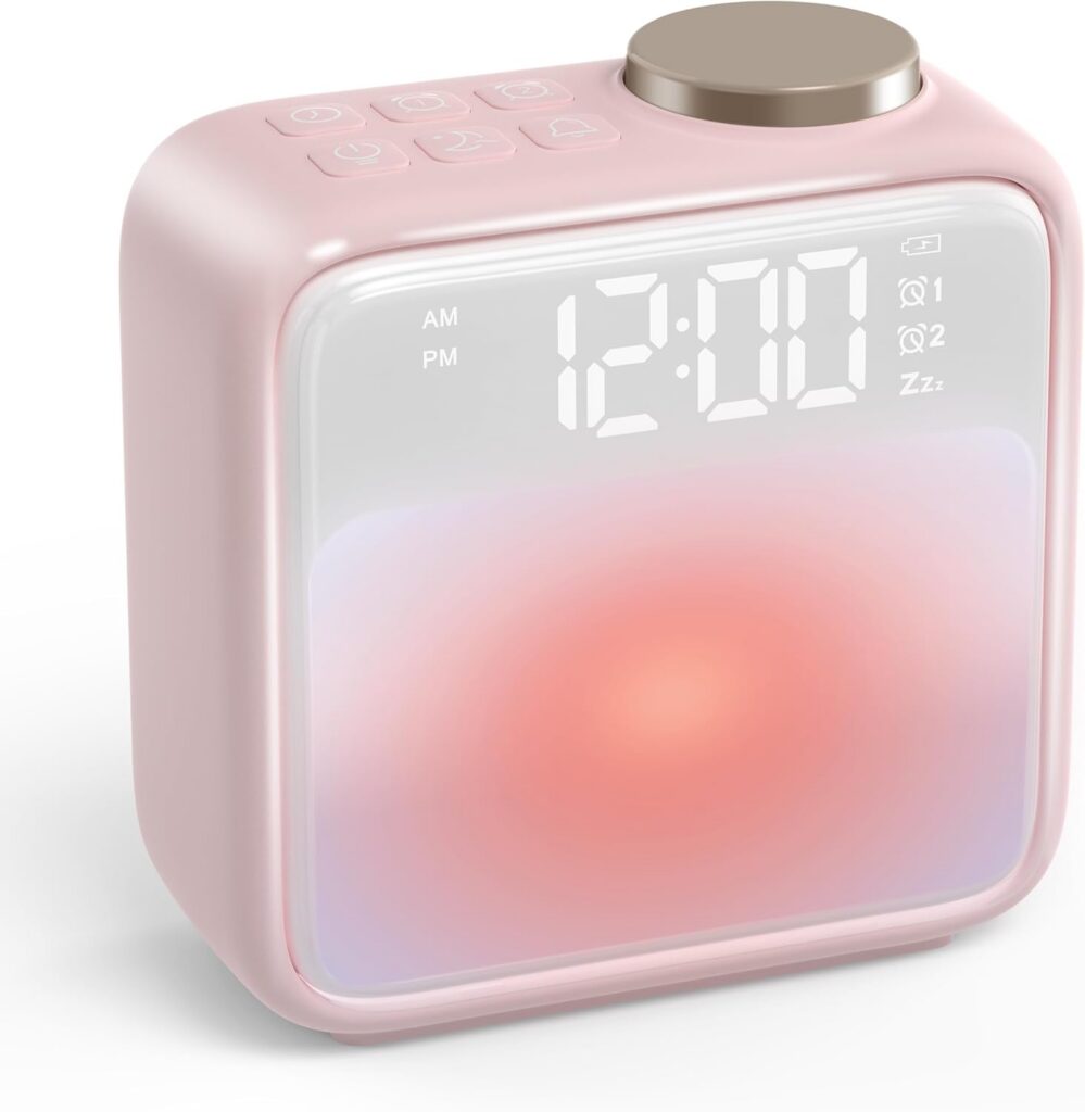 pink digital alarm clock with night light white noise sleep sounds