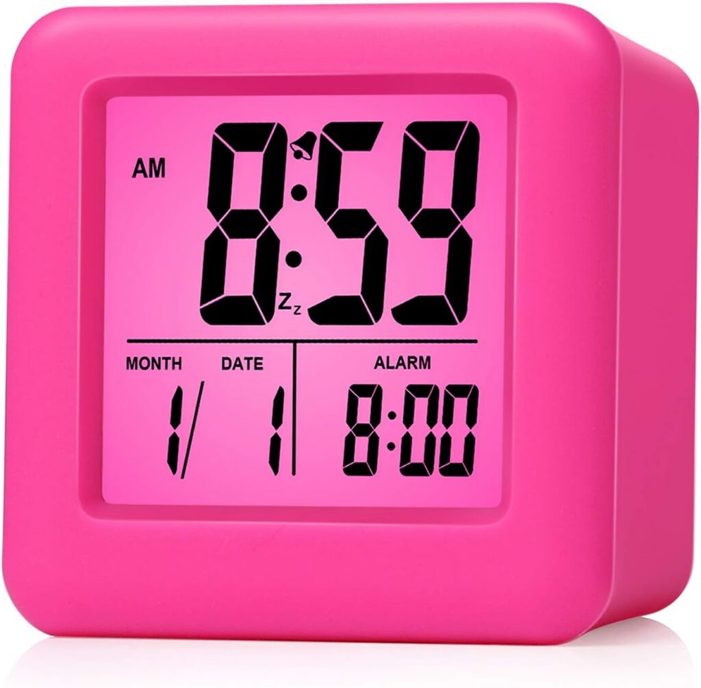 pink digital kids alarm clock with silicone cover lcd display