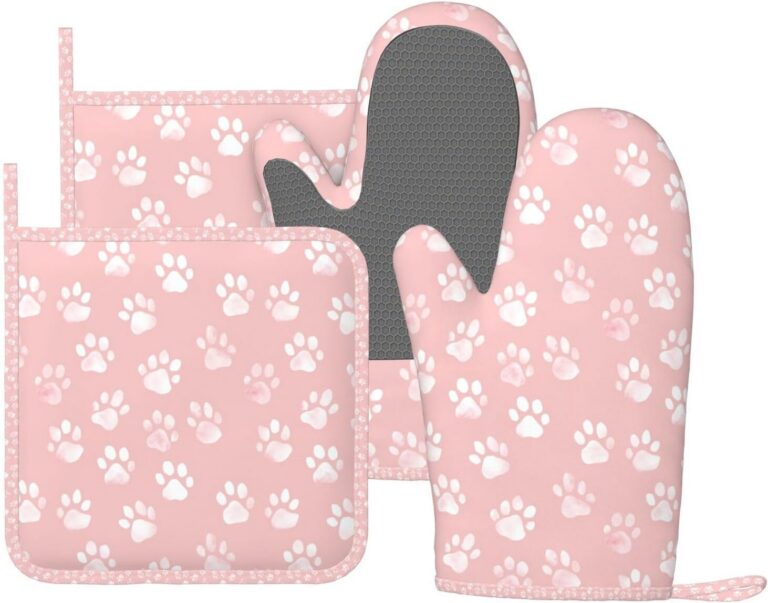 pastel pink dog paw oven mitts and pot holders set silicone heat resistant non slip kitchen gloves
