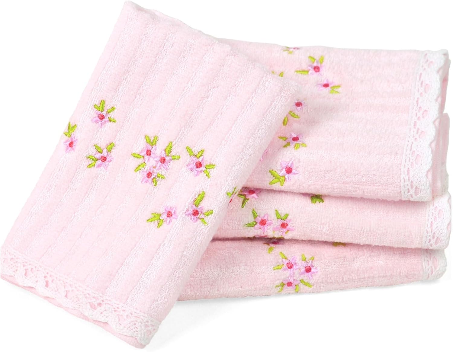 pink-embroidered-washcloths-lace-trim-4pack pink embroidered washcloths lace trim floral cotton face towels set