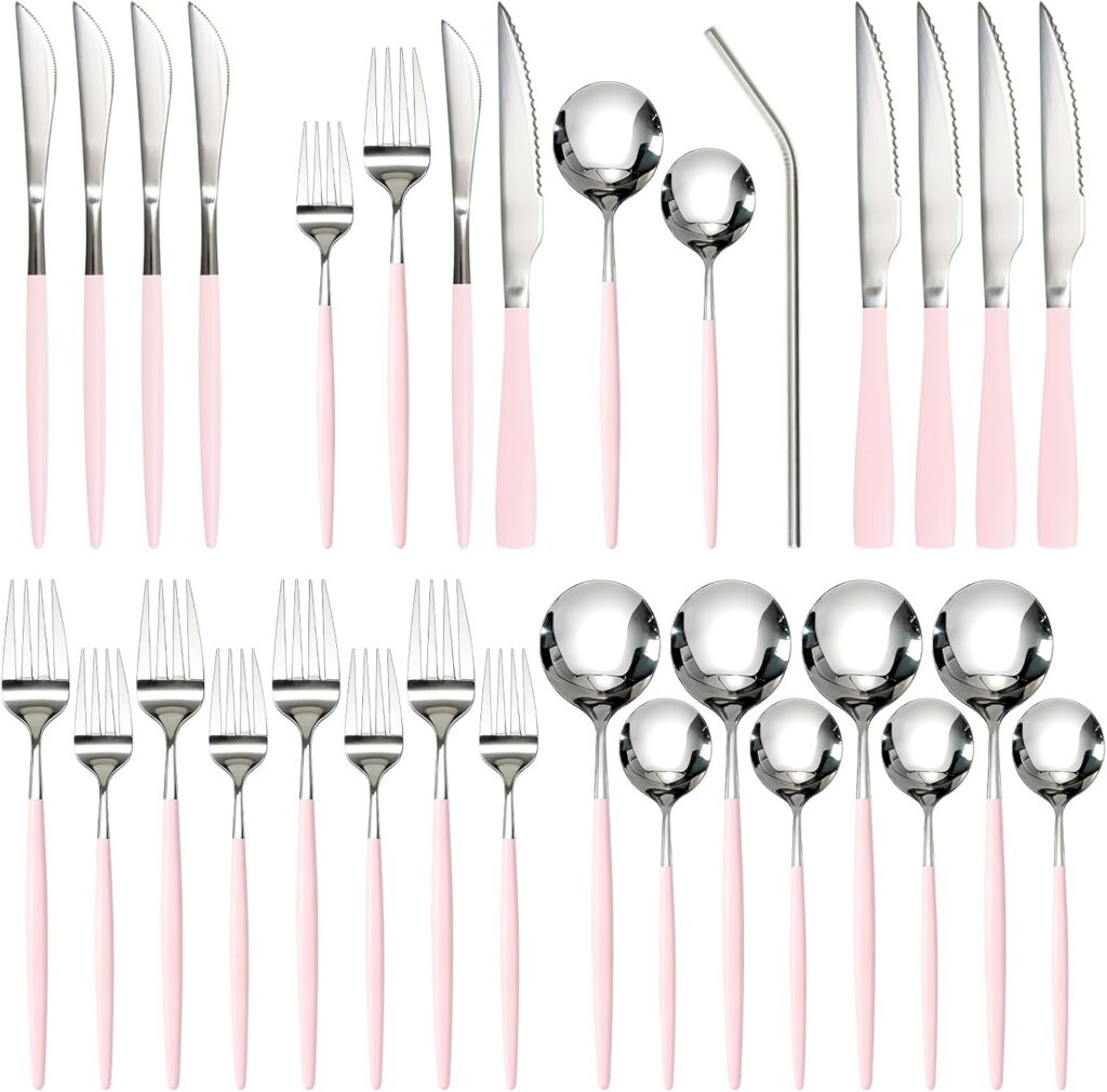 pink stainless steel flatware set with steak knives mirror polished silverware set for 4