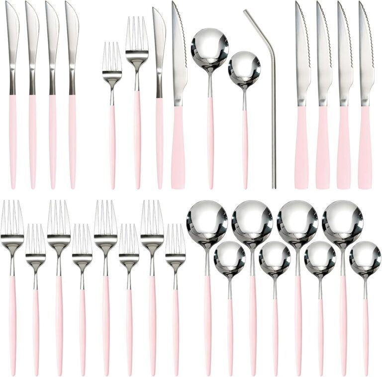 pink stainless steel flatware set with steak knives mirror polished silverware set for 4
