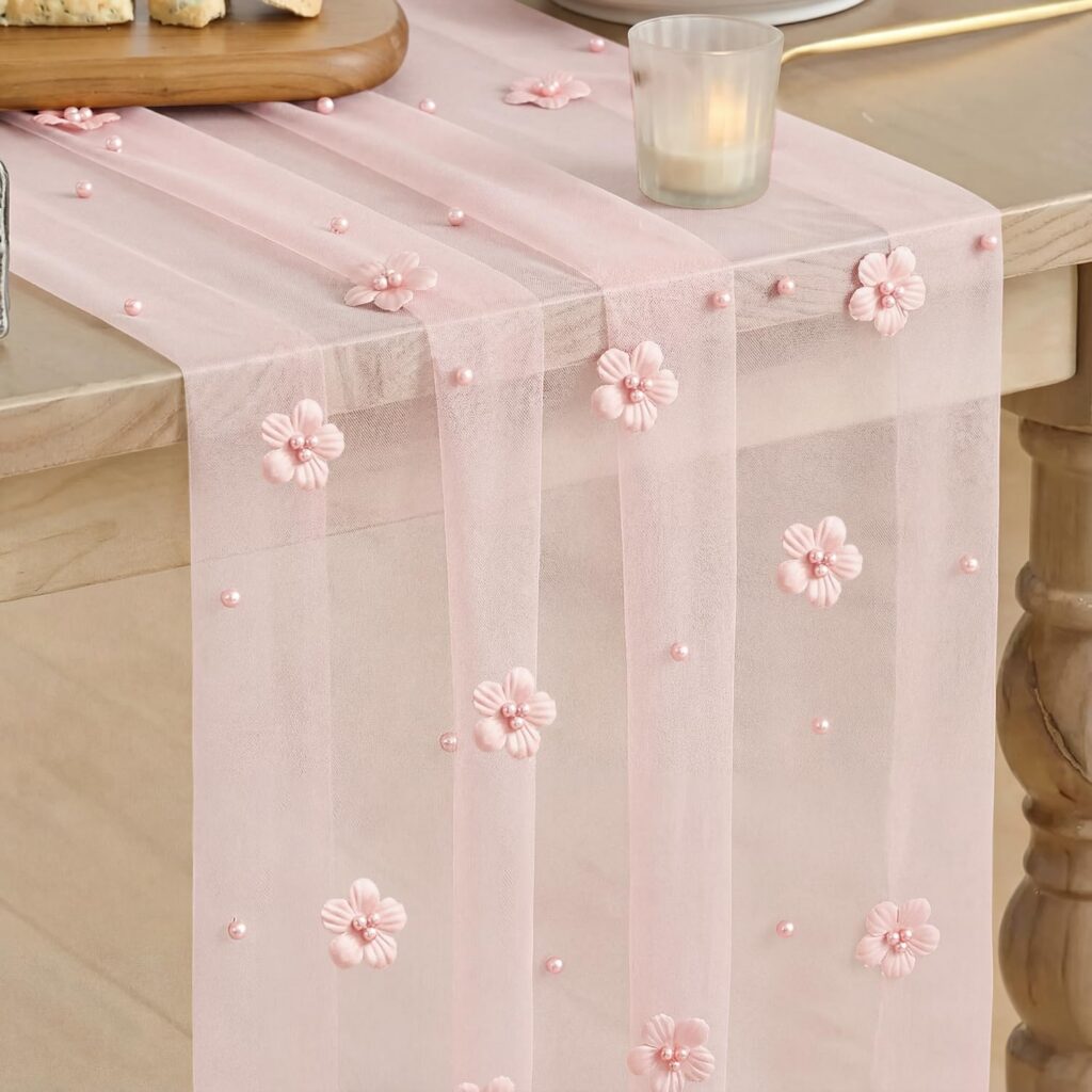 pink floral pearl gauze table runner sheer boho wedding birthday baby shower table decor