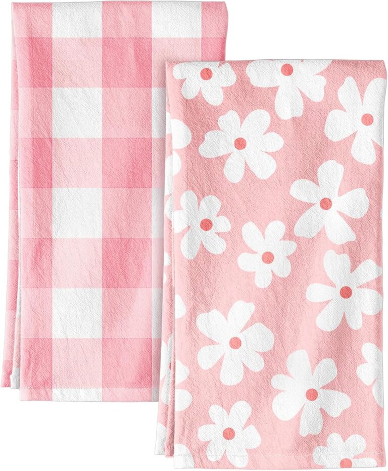 pink floral plaid cotton flour sack kitchen towels with hanging loop reusable absorbent dish cloth set