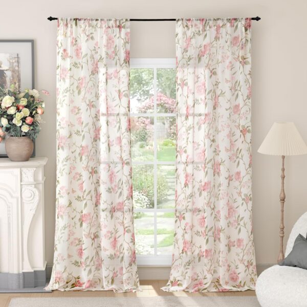 pink floral sheer curtains butterfly rose pattern light filtering linen look drapes