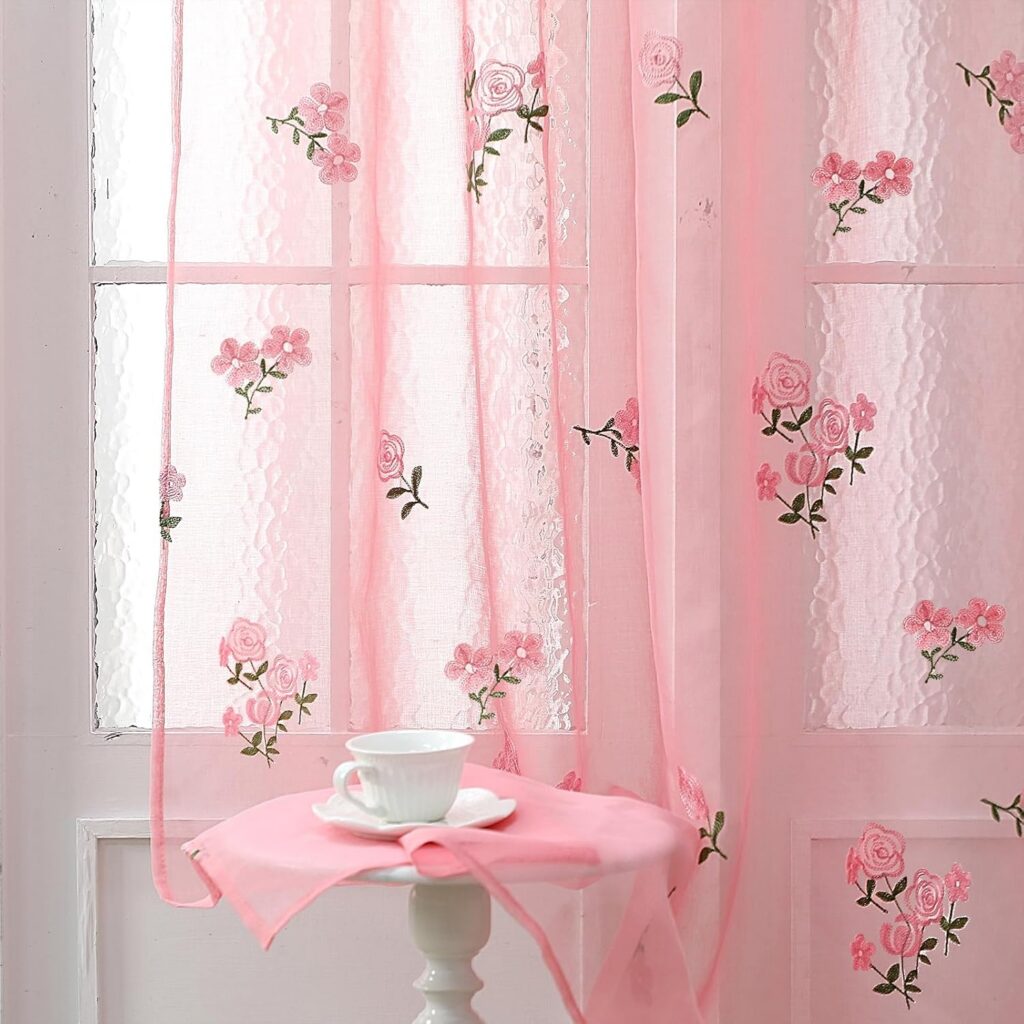 pink floral sheer curtains embroidered voile tulle 84 inch rod pocket panels