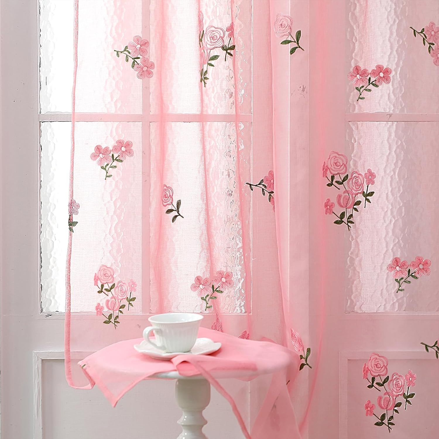pink-floral-sheer-curtains-embroidered-voile-84-inch pink floral sheer curtains embroidered voile tulle 84 inch rod pocket panels
