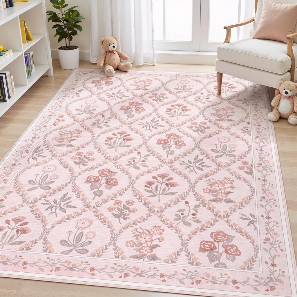 pink and gray floral washable rug 5x7 soft non slip nursery bedroom area rug