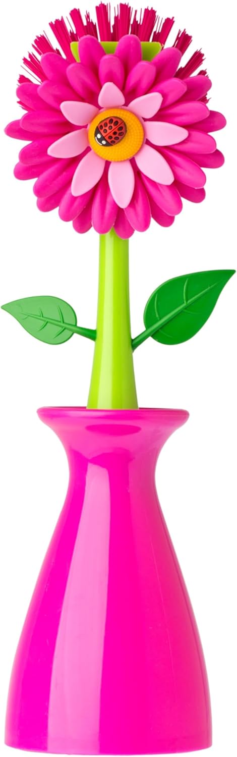 pink flower dish brush with vase holder cute kitchen sink scrub brush set