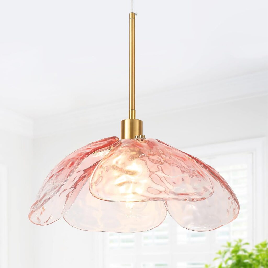 pink glass flower pendant light 14 inch hammered glass brass ceiling light