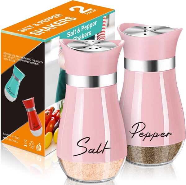 pink salt and pepper shakers set glass stainless steel refillable farmhouse kitchen