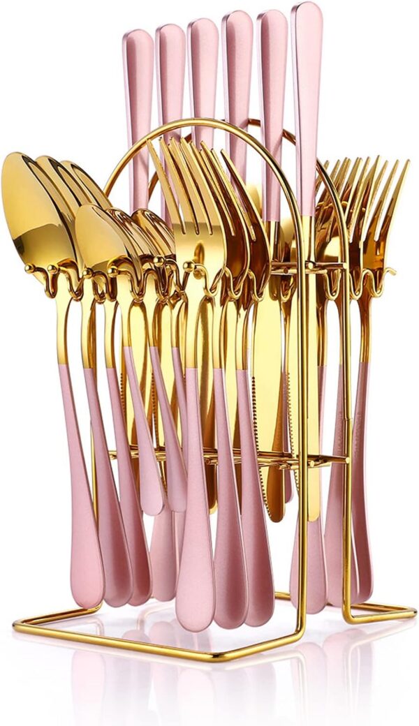pink and gold stainless steel flatware set with silverware holder service for 6