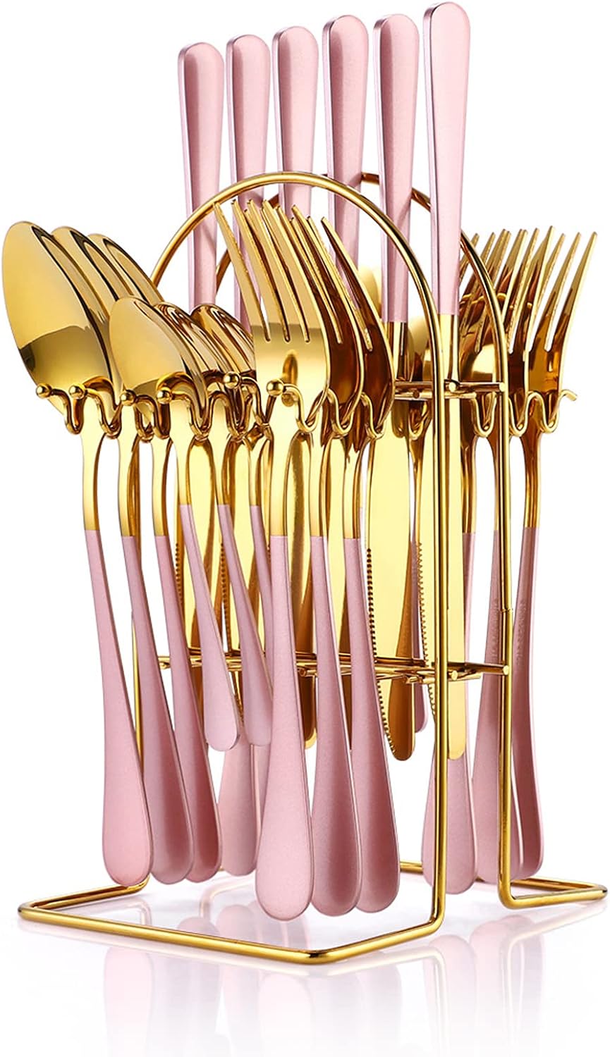 pink-gold-flatware-set-service-for-6 pink and gold stainless steel flatware set with silverware holder service for 6