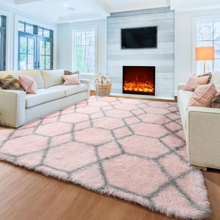 pink and grey fluffy shaggy area rug geometric soft plush carpet 4x6