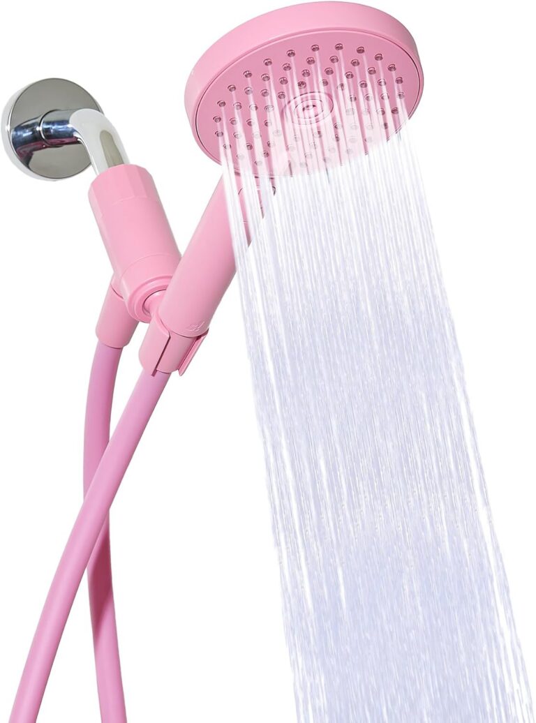 pink handheld shower head high pressure with long hose and spray modes