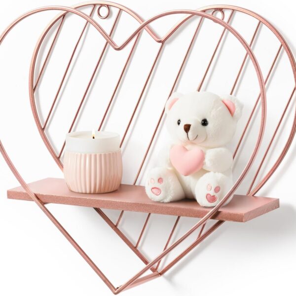 pink heart shaped floating wall shelf iron wood small wall organizer shelf