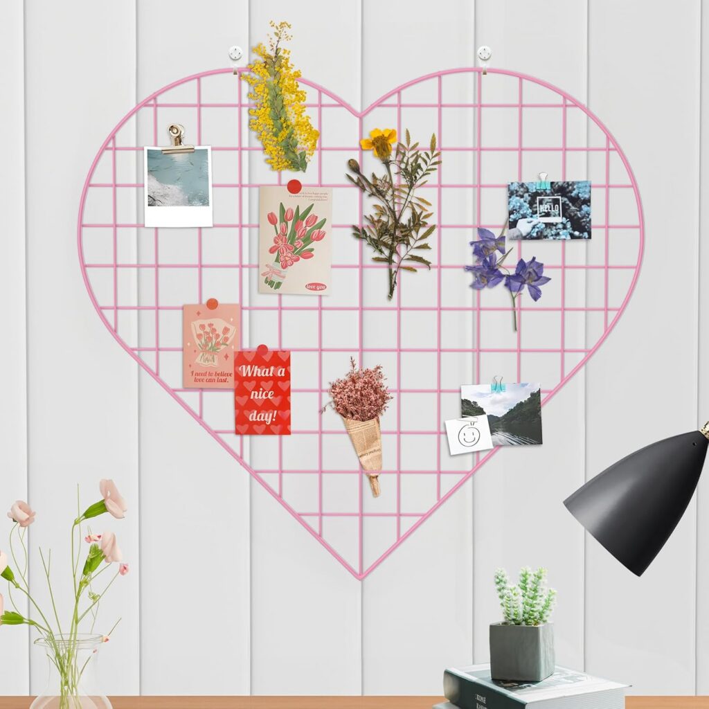 pink heart grid photo wall panel wire board organizer for photos and decor