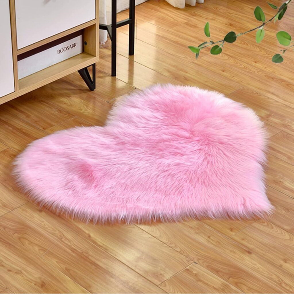pink heart shaped faux fur rug fluffy shag 2x3 feet bedroom decor