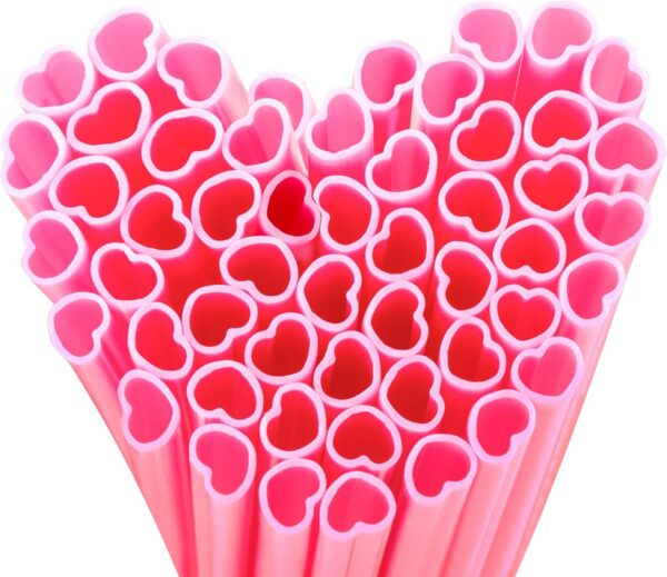 pink heart shaped individually wrapped disposable drinking straws for bridal showers parties and brunches