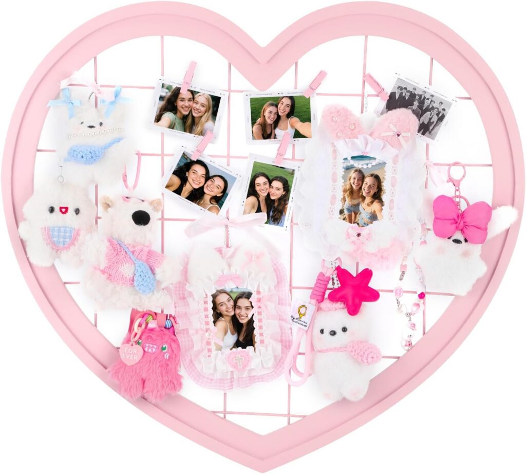 pink heart wire wall grid panel photo display organizer for bedroom decor