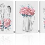 pink kitchen canvas wall art set of 3 framed panels 12x16 decorative prints