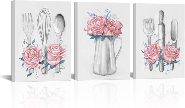 pink kitchen canvas wall art set of 3 framed panels 12x16 decorative prints