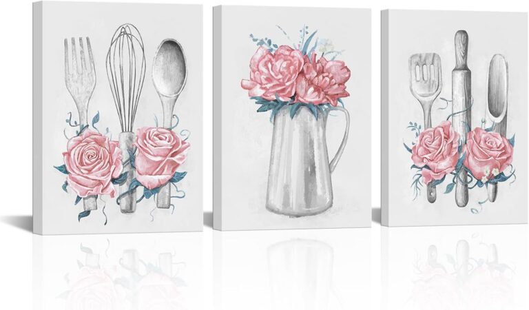 pink kitchen canvas wall art set of 3 framed panels 12x16 decorative prints