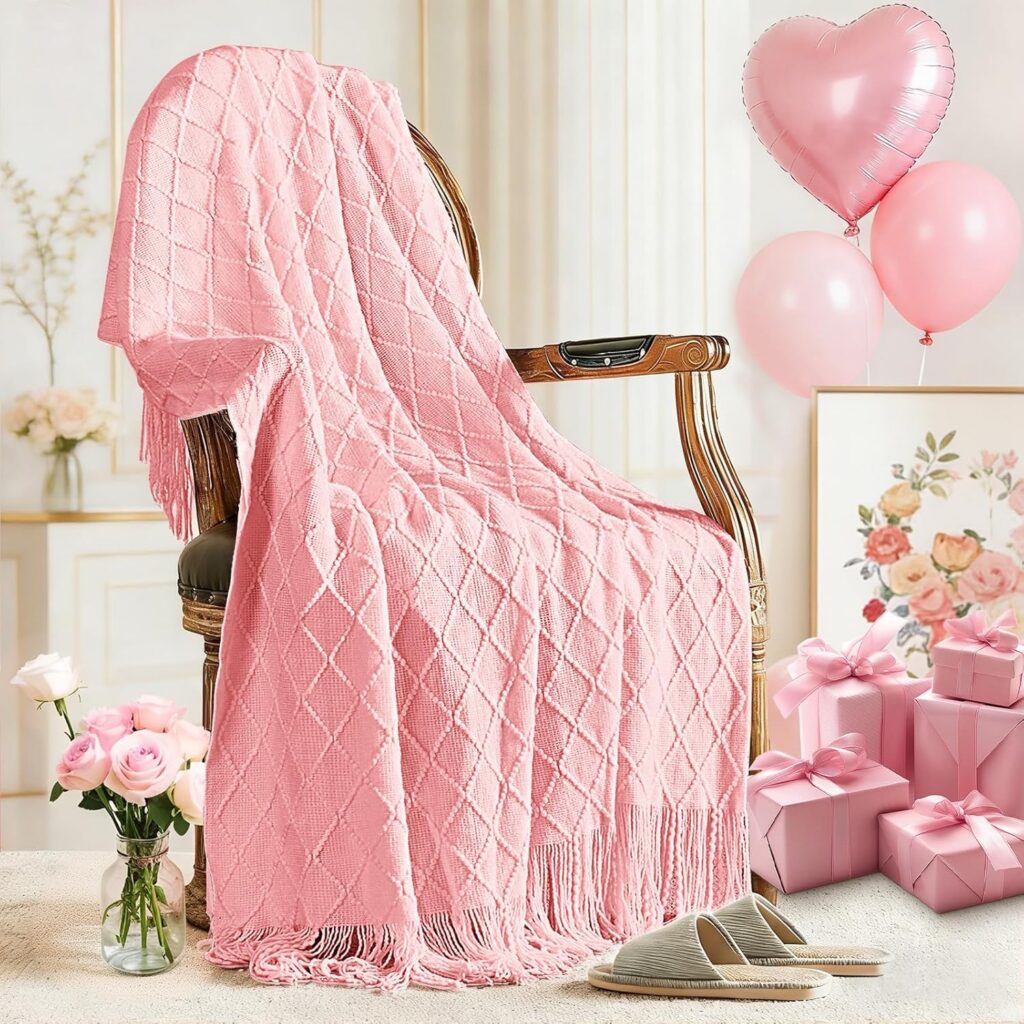 pink knitted throw blanket with diamond pattern tassels for couch bed farmhouse decor
